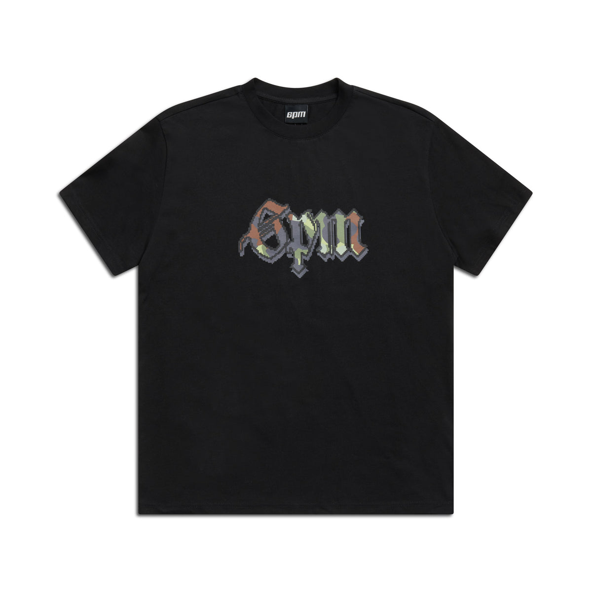 The 6PM OLD ENGLISH CAMO TEE BLACK is a black short-sleeve crew neck t-shirt featuring gpm in a multicolored gothic font across the chest, with no other visible patterns or graphics.
