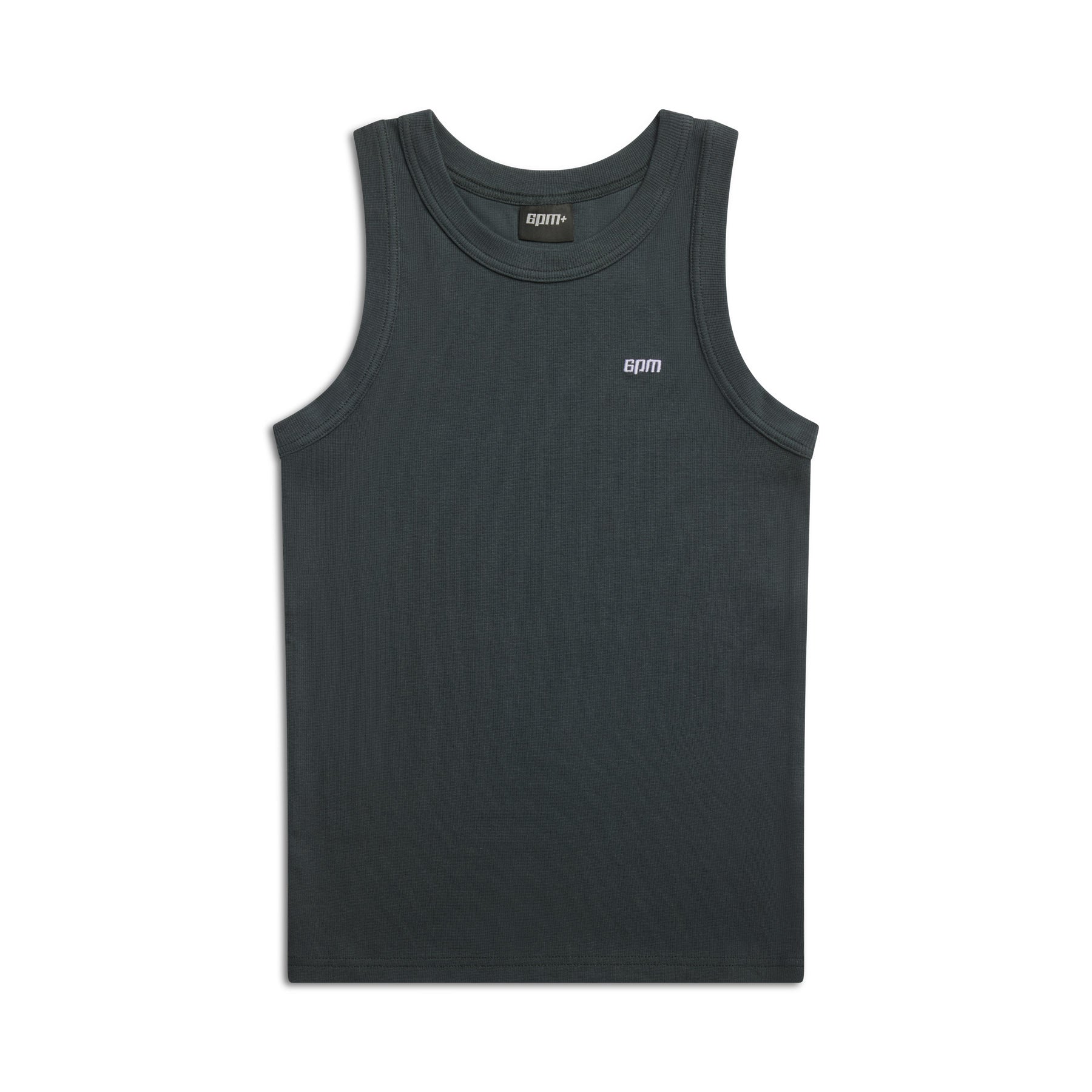 A sleeveless TANK TOP DARK EMERALD by 6PM, featuring a round neckline and a small white 6PM logo on the upper chest, is displayed flat on a white background.