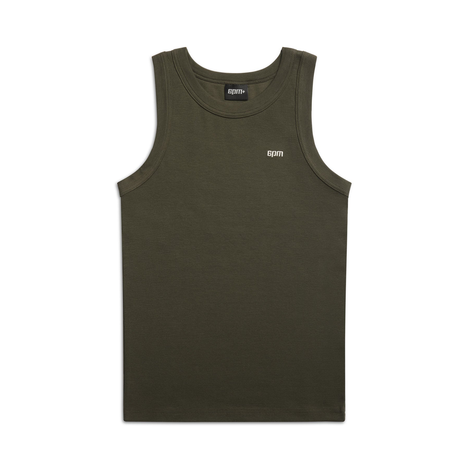 The TANK TOP FOREST NIGHT by 6PM is an olive green sleeveless tank with a round neckline and a small white 6PM logo on the chest, shown flat on a white background.