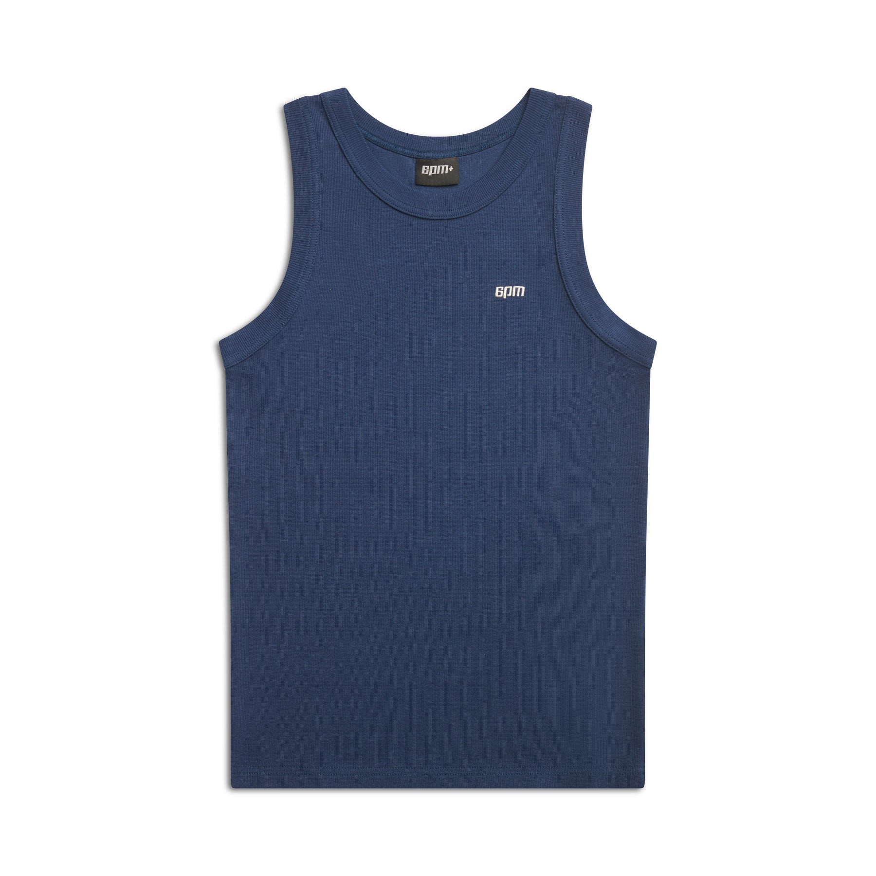 The TANK TOP NAVY by 6PM is a sleeveless tank with a round neck and a small white GDM logo on the chest, shown against a white background.