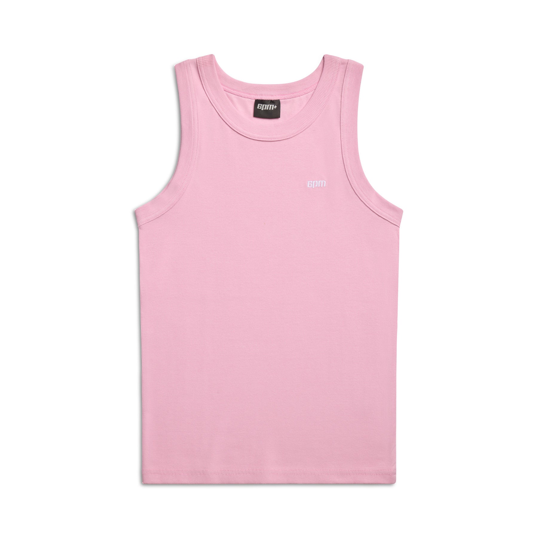 The 6PM TANK TOP PINK is a sleeveless, light pink tank with a small white embroidered logo on the chest, shown laid flat on a white background.