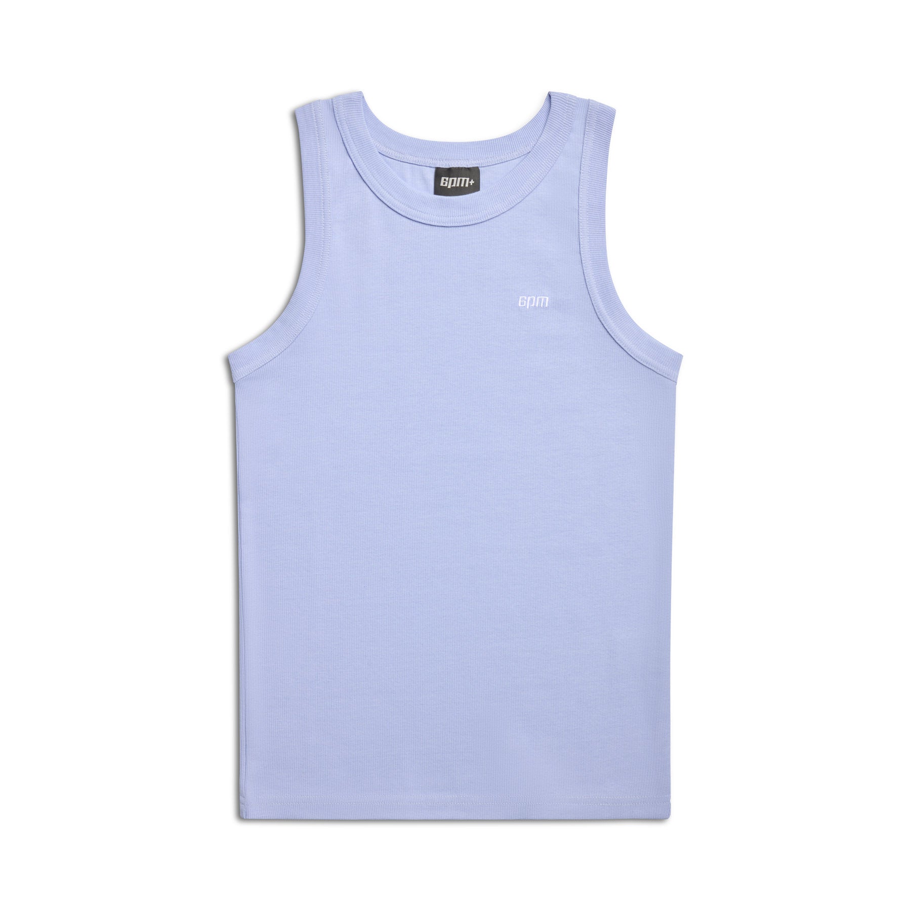 The TANK TOP SOFT VIOLET by 6PM is a sleeveless light purple tank with a round neckline and a small white 6PM logo on the left chest, shown against a plain white background.