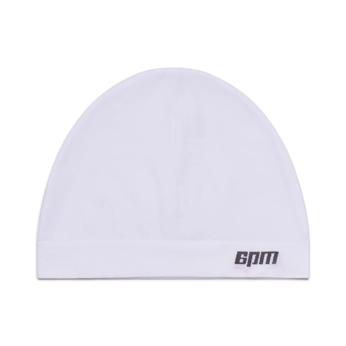 A white TECHNICAL LOGO BEANIE from 6PM featuring the brand name printed in black on the lower right side.