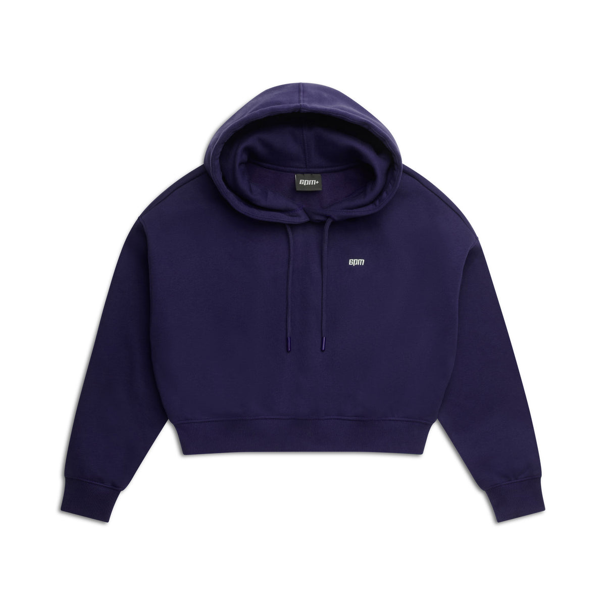 The 6PM WMNS Cropped Hoodie in Orbit Blue features a front pocket, drawstrings, and a small white chest logo, shown laid flat on a white background.
