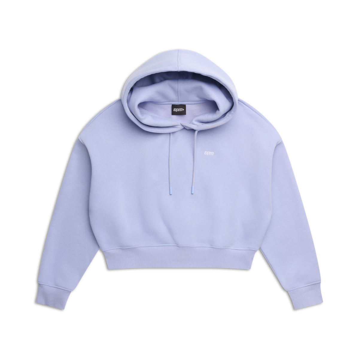 The 6PM WMNS CROPPED HOODIE SOFT VIOLET is a light purple cropped hoodie with front pocket, drawstrings, and a small white logo on the left chest, shown laid flat on a white background.