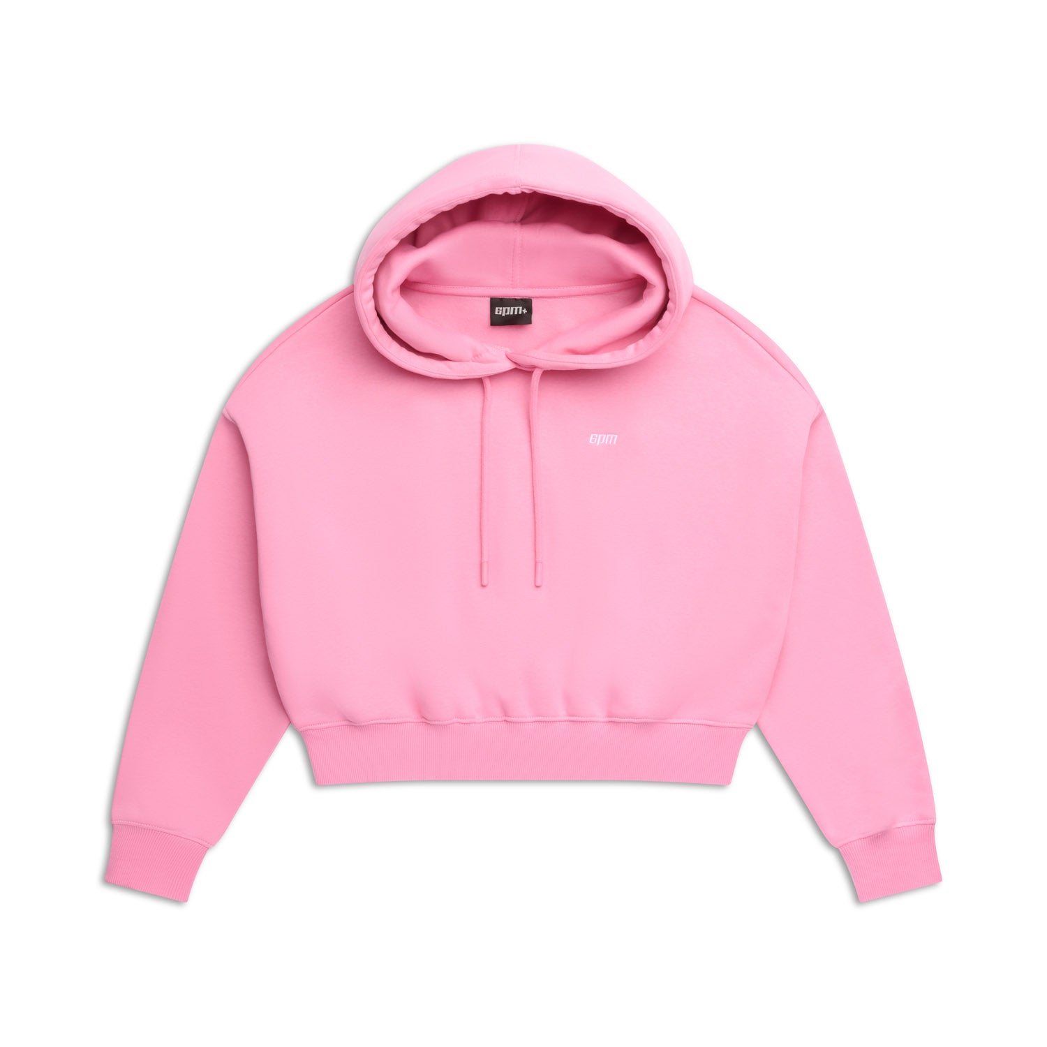 The 6PM WMNS CROPPED HOODIE BUBBLEGLOW is a pink cropped hoodie featuring a hood, front pocket, and drawstrings, shown on a white background.