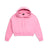 The 6PM WMNS CROPPED HOODIE BUBBLEGLOW is a pink cropped hoodie featuring a hood, front pocket, and drawstrings, shown on a white background.