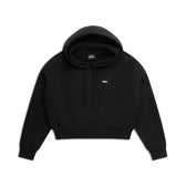 The 6PM WMNS CROPPED HOODIE BLACK is a black cropped hoodie with a front pocket, hood drawstrings, and a small white embroidered logo at the center chest.