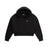 The 6PM WMNS CROPPED HOODIE BLACK is a black cropped hoodie with a front pocket, hood drawstrings, and a small white embroidered logo at the center chest.