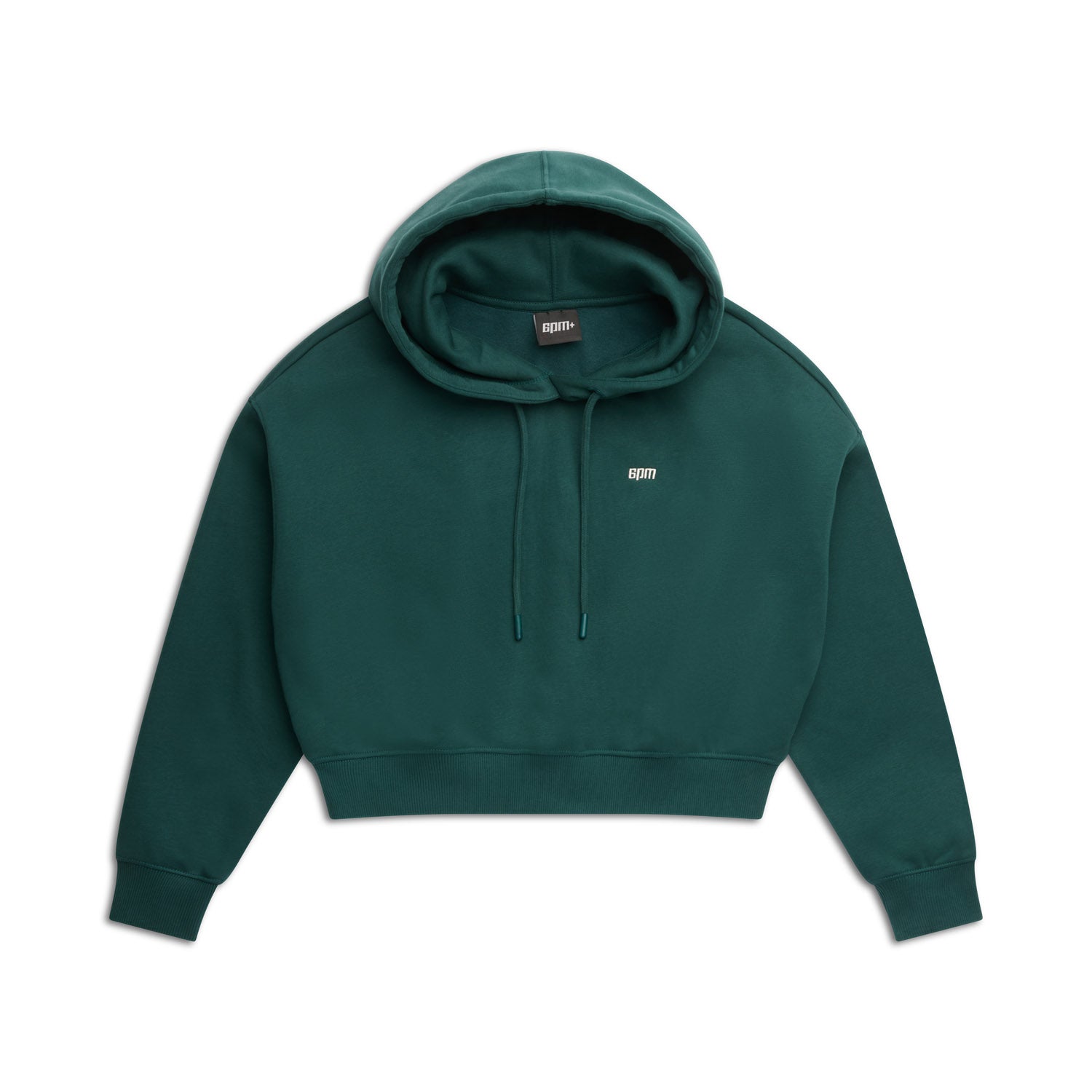 The 6PM WMNS CROPPED HOODIE EVERGREEN is a dark green cropped hoodie with long sleeves, a front pocket, drawstrings, and a small white chest logo, shown against a white background.