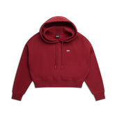 The 6PM WMNS Cropped Hoodie in wine red features a drawstring hood, long sleeves, and a small white embroidered front logo. It's shown laid flat on a white background.