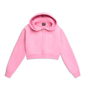 The 6PM WMNS CROPPED ZIP HOODIE BUBBLEGLOW is a bright pink, cropped zip-up hoodie with long sleeves, a hood, and a small white logo on the left chest, shown against a white background.