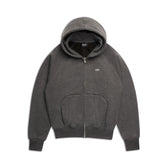 The 6PM ZIP HOODIE DARK GREY MELANGE features a plain dark gray design with a zip-up front, ribbed cuffs and hem, front pocket, and a small white logo on the left chest, shown against a white background.