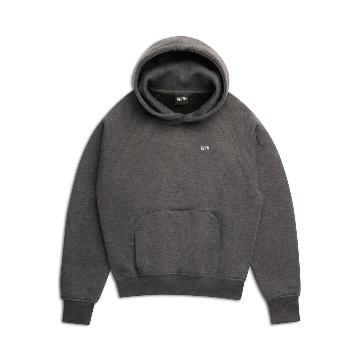 The 6PM HOODIE DARK GREY MELANGE features a front pocket, long sleeves, ribbed cuffs, and a small white chest logo, shown on a white background.