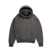 The 6PM HOODIE DARK GREY MELANGE features a front pocket, long sleeves, ribbed cuffs, and a small white chest logo, shown on a white background.