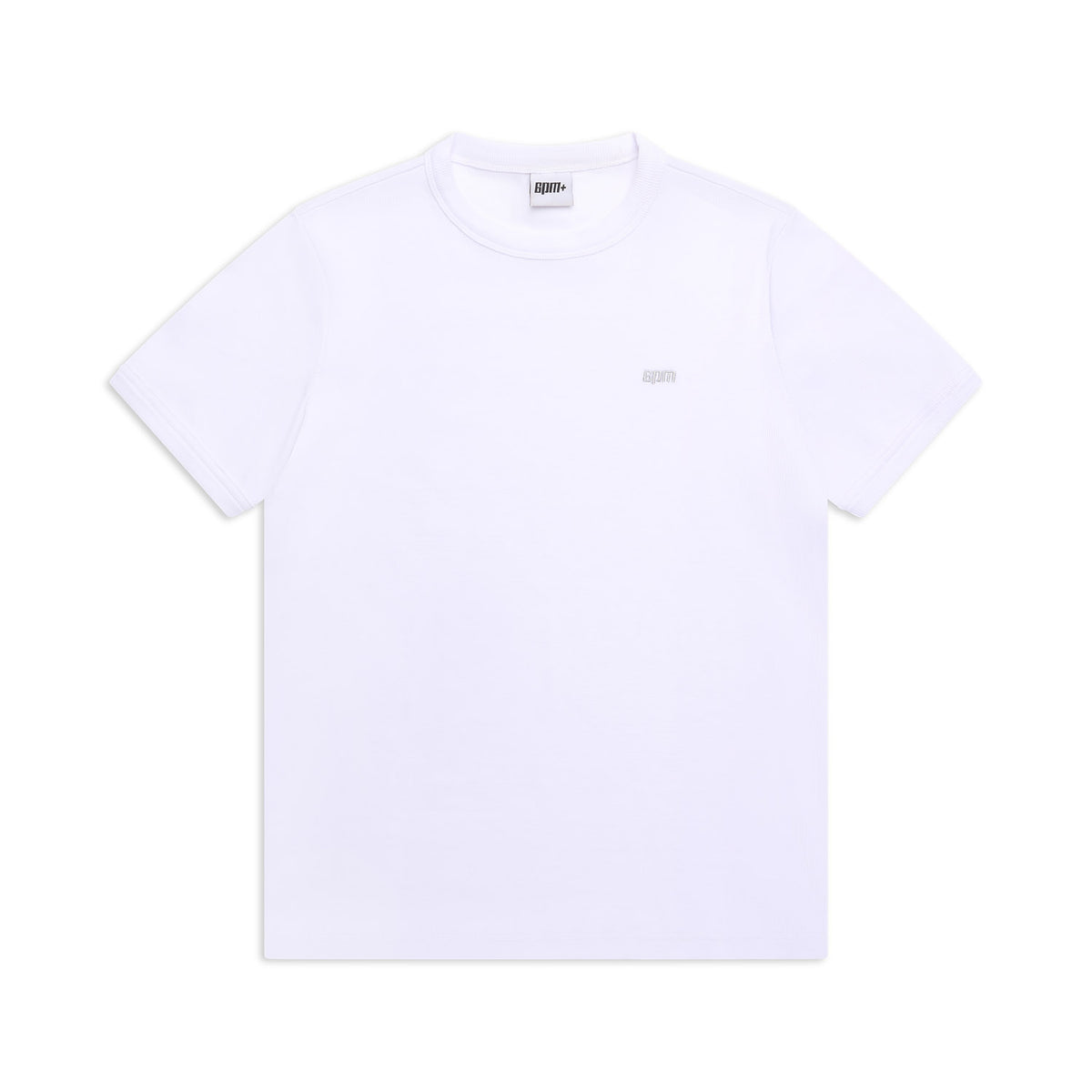 The 6PM RIBBED SLIM FIT TEE WHITE is a short-sleeve, round neck T-shirt with a subtle logo on the left chest, shown on a white background.