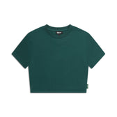 The 6PM WMNS CROPPED T-SHIRT EVERGREEN is a plain, dark green, short-sleeve cropped t-shirt with a crew neckline, laid flat on a white background.