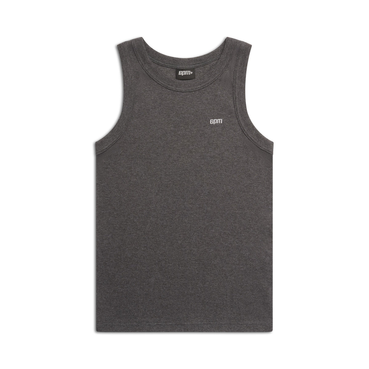 The 6PM TANK TOP DARK GREY MELANGE is a sleeveless dark gray tank with a round neckline and a small white logo at the center front, shown laid flat on a plain white background.