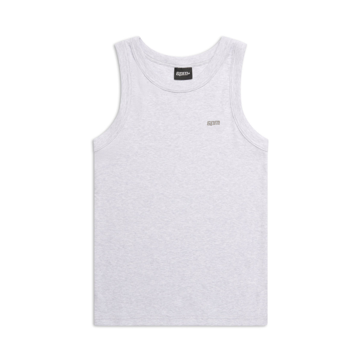 The TANK TOP LIGHT GREY MELANGE by 6PM is a sleeveless, light gray tank featuring a small black 6PM logo on the chest, displayed flat on a white background.