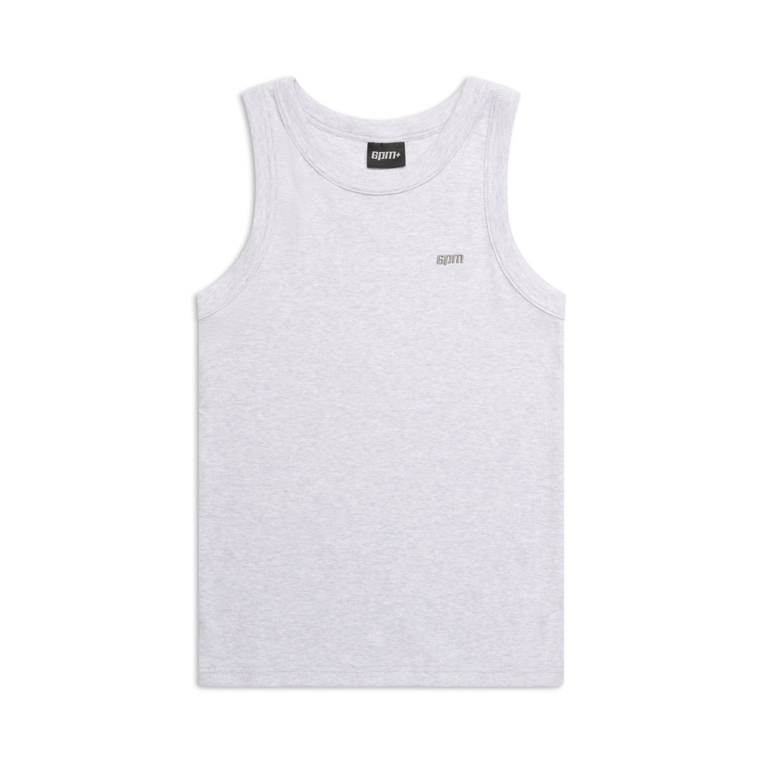 The TANK TOP COLD LIGHT GREY MELANGE by 6PM is a plain light gray sleeveless tank featuring a small black 6PM logo on the chest and a black inner neckline label, shown against a white background.