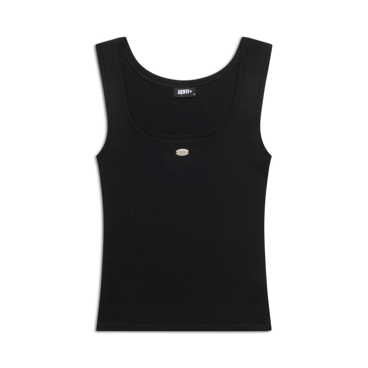 The 6PM WMNS TANKTOP BLACK is a sleeveless top with a scoop neckline and a small round metallic button at the center front, shown laid flat on a white background.
