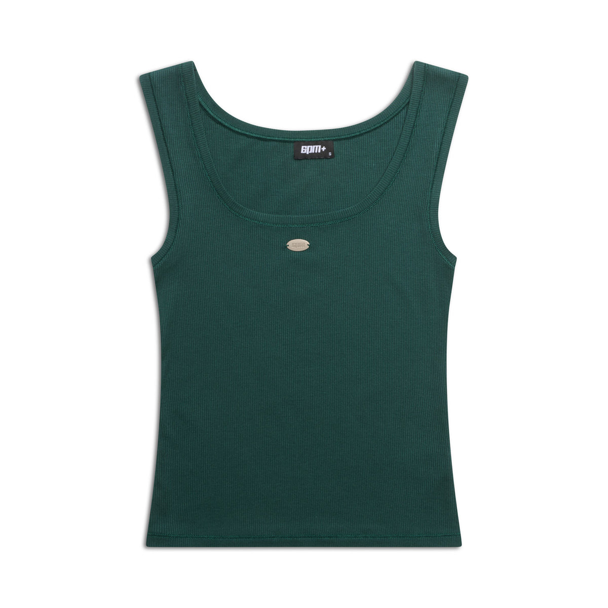 The 6PM WMNS TANKTOP EVERGREEN features a sleeveless, dark green design with a round neckline, accented by a small oval metallic detail on the chest and a black collar label, shown against a white background.