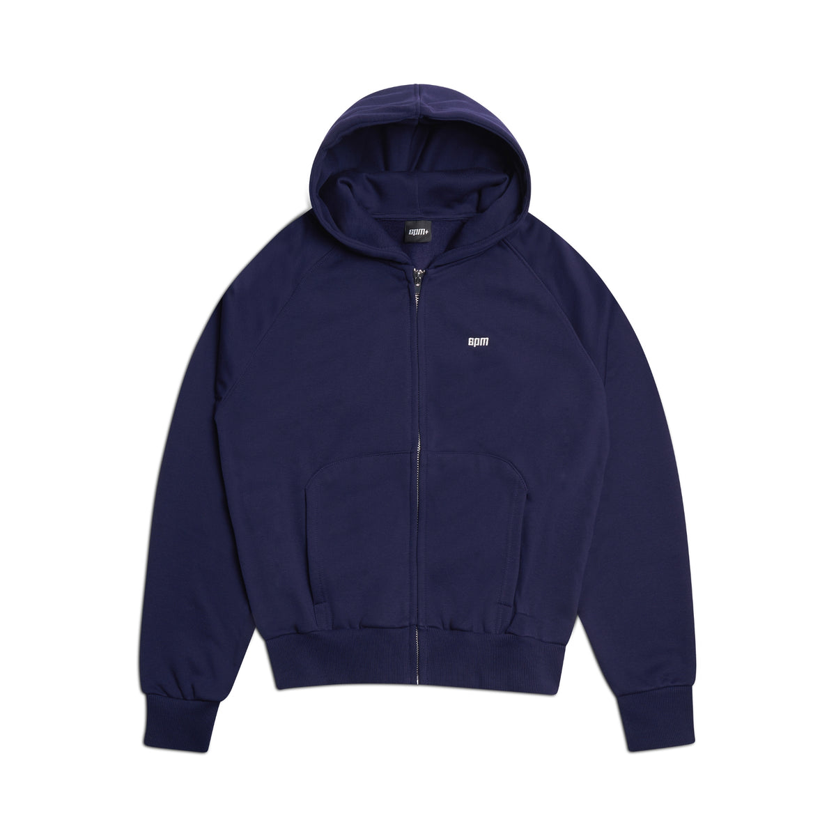 The 6PM ZIP HOODIE ORBIT BLUE is a navy zip-up hoodie with a hood, front pockets, and subtle white logo text on the left chest—ideal for everyday wear and styled here laid flat on a white background.