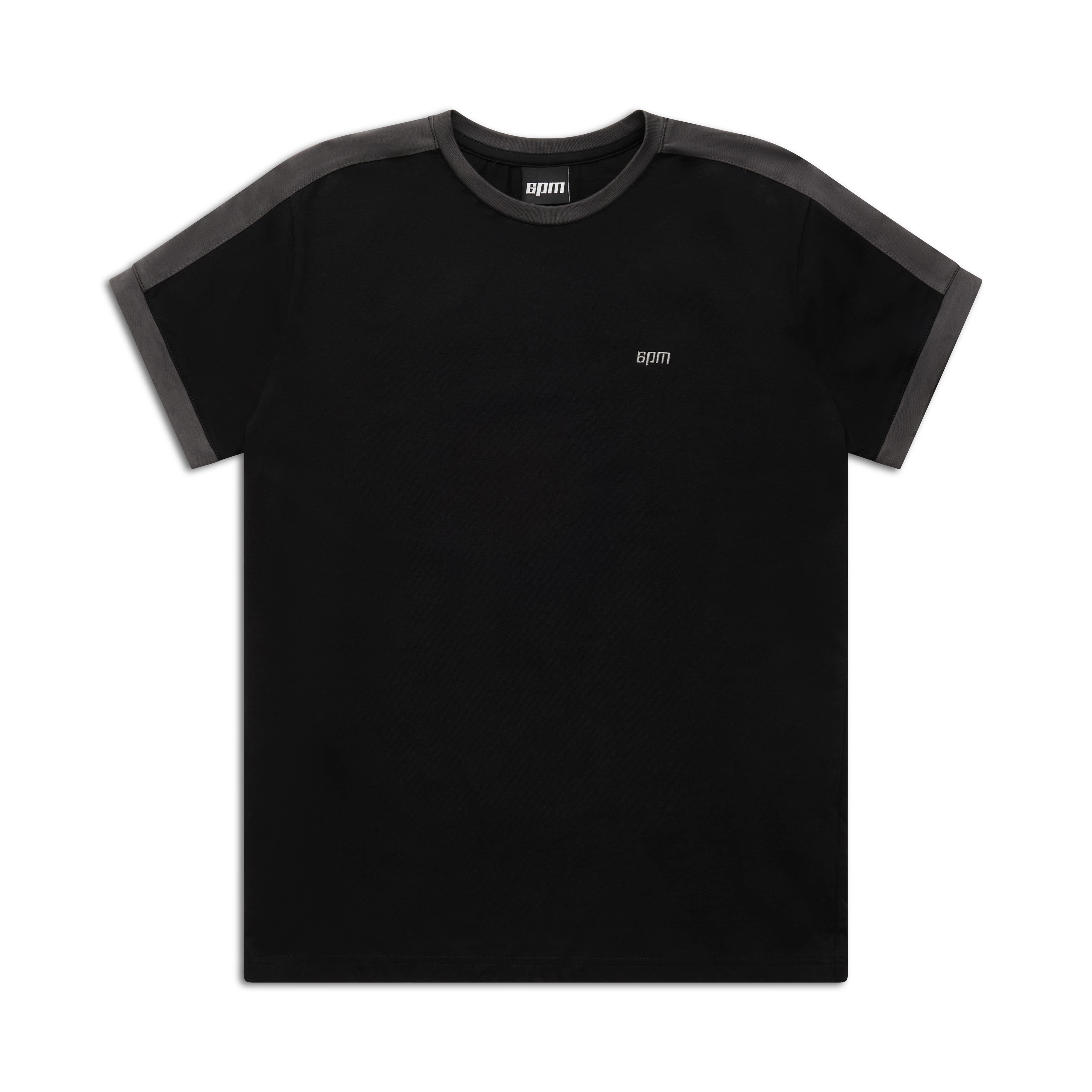 The 6PM SLIM FIT RINGER TEE BLACK is a black short-sleeve t-shirt with dark gray shoulder and sleeve cuff trim, featuring a small white epm logo on the left chest. The tee is shown laid flat on a white background.