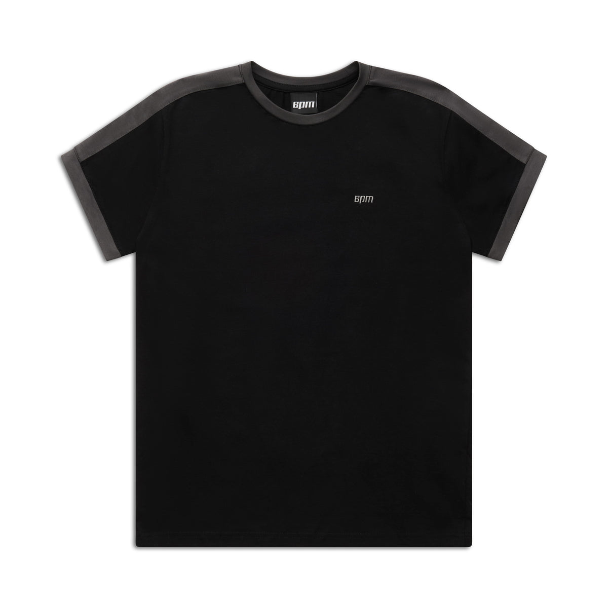 The 6PM SLIM FIT RINGER TEE BLACK is a black short-sleeve t-shirt with dark gray shoulder and sleeve cuff trim, featuring a small white epm logo on the left chest. The tee is shown laid flat on a white background.