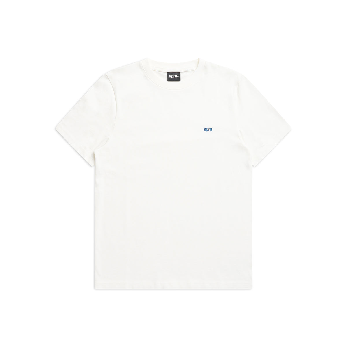 The 6PM SLIM FIT T-SHIRT COCONUT WHITE is a premium cotton, slim fit short-sleeve tee in white, featuring a small blue embroidered logo on the left chest.