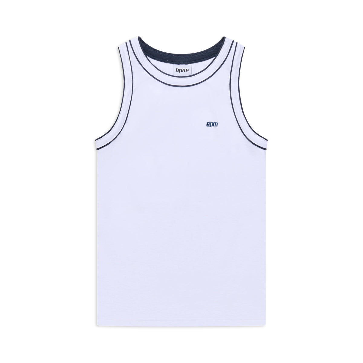The 6PM TANKTOP WHITE/NAVY features a white sleeveless design with navy piping on the neck and armholes, plus a small GYM logo on the left chest. Displayed on a plain white background.