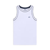 The 6PM TANKTOP WHITE/NAVY features a white sleeveless design with navy piping on the neck and armholes, plus a small GYM logo on the left chest. Displayed on a plain white background.