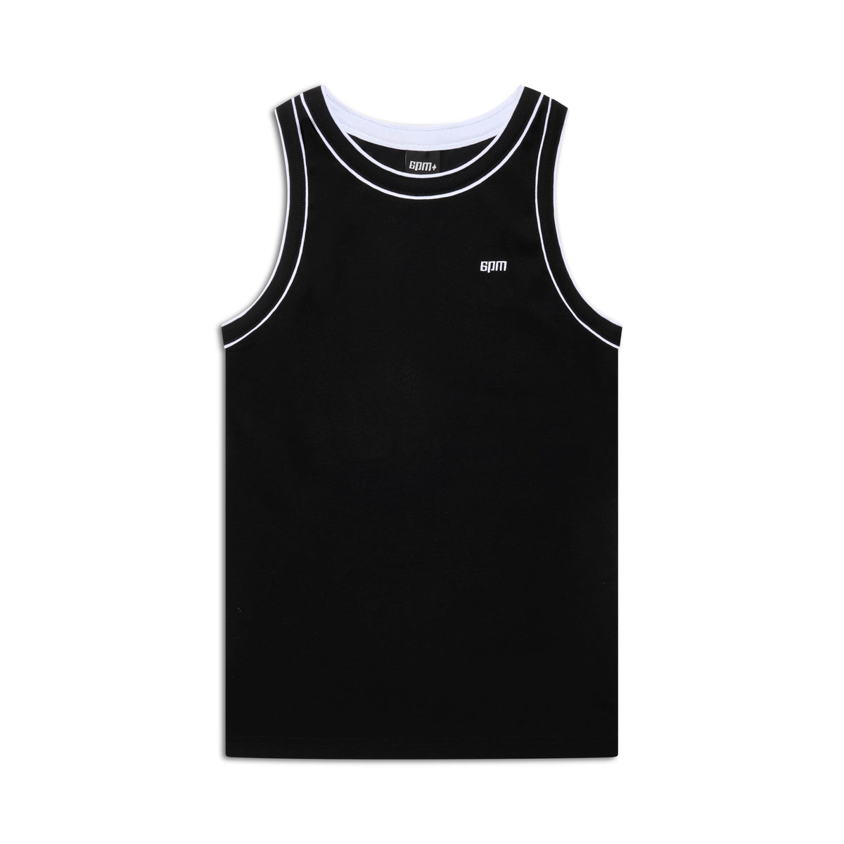 The 6PM TANKTOP BLACK/WHITE features a black sleeveless design with white trim on the neckline and armholes, plus a small white 6PM logo on the left chest, shown on a white background.